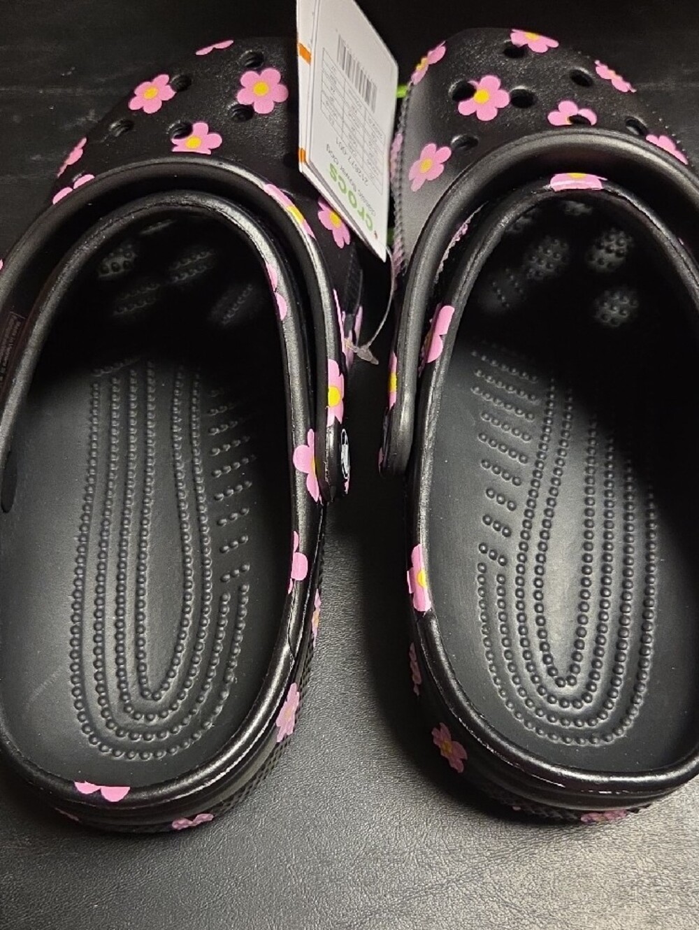 CROCS Black Clogs with Pink and Yellow Flower Accents - Picture 4 of 6